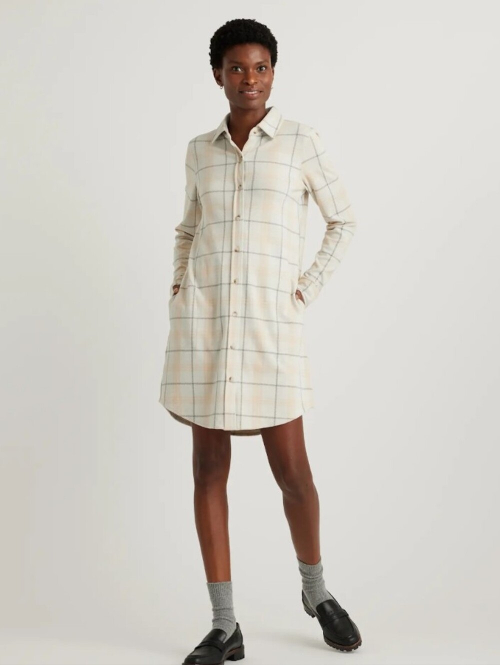 Quince Women's Flannel Shirt Dress Beige Stretch Size Large